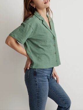 Madewell Trellis Green Crinkle Knit Short-Sleeve Button Down Top Size Large